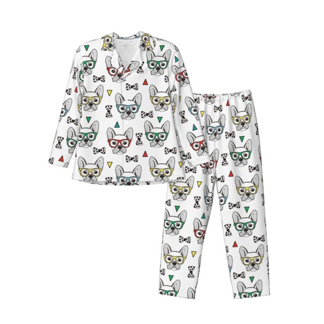 Fotbe Cute French Bulldog Pijama de Hombre con Estampado de Manga Larga, Conjunto de 2 Piezas, Ropa de Dormir Suave y Cómoda con Bolsillos-XX-Large