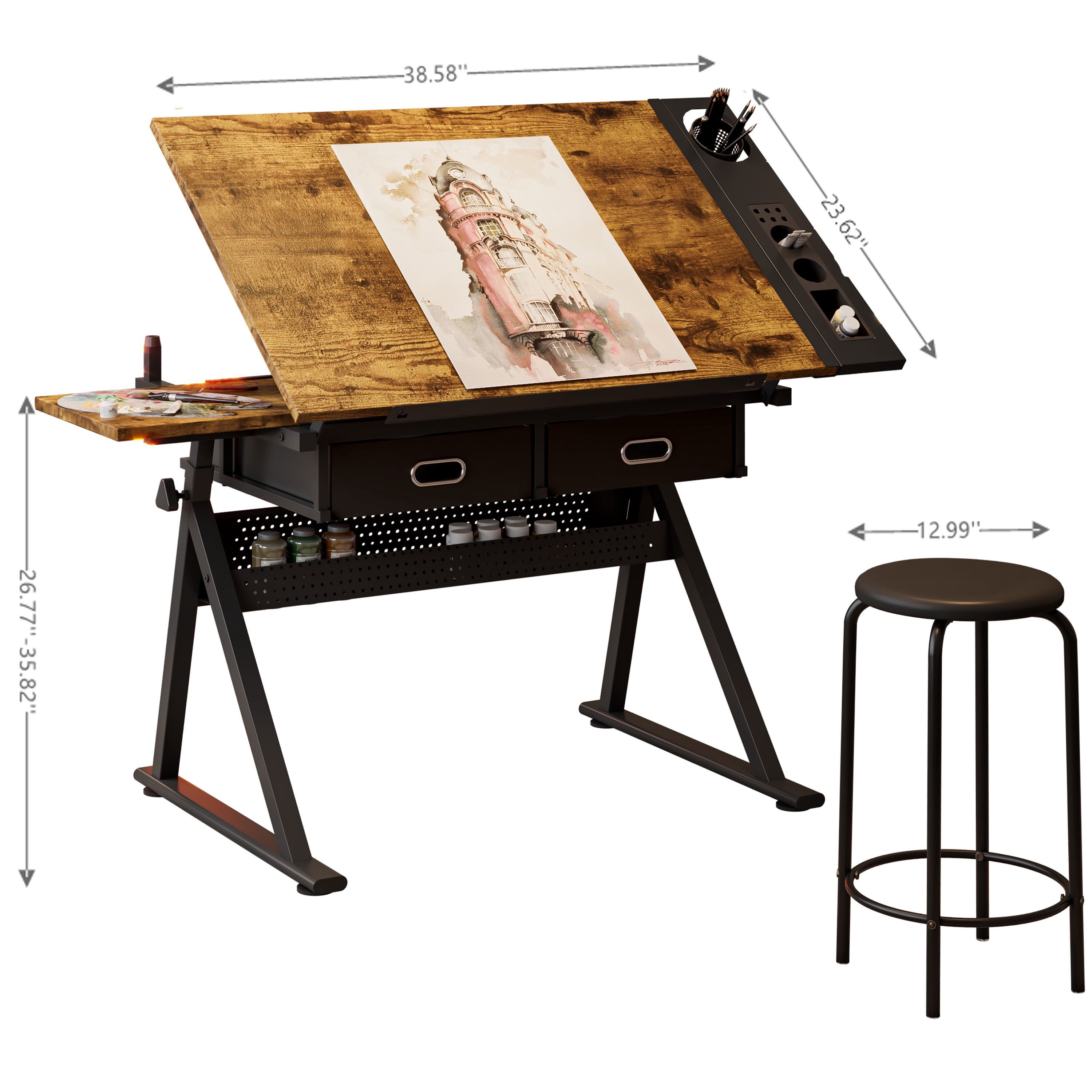 Adjustable Drafting Table with Stool, Rustic Brown Wood, 2 Drawers, 0-75° Tiltable Top