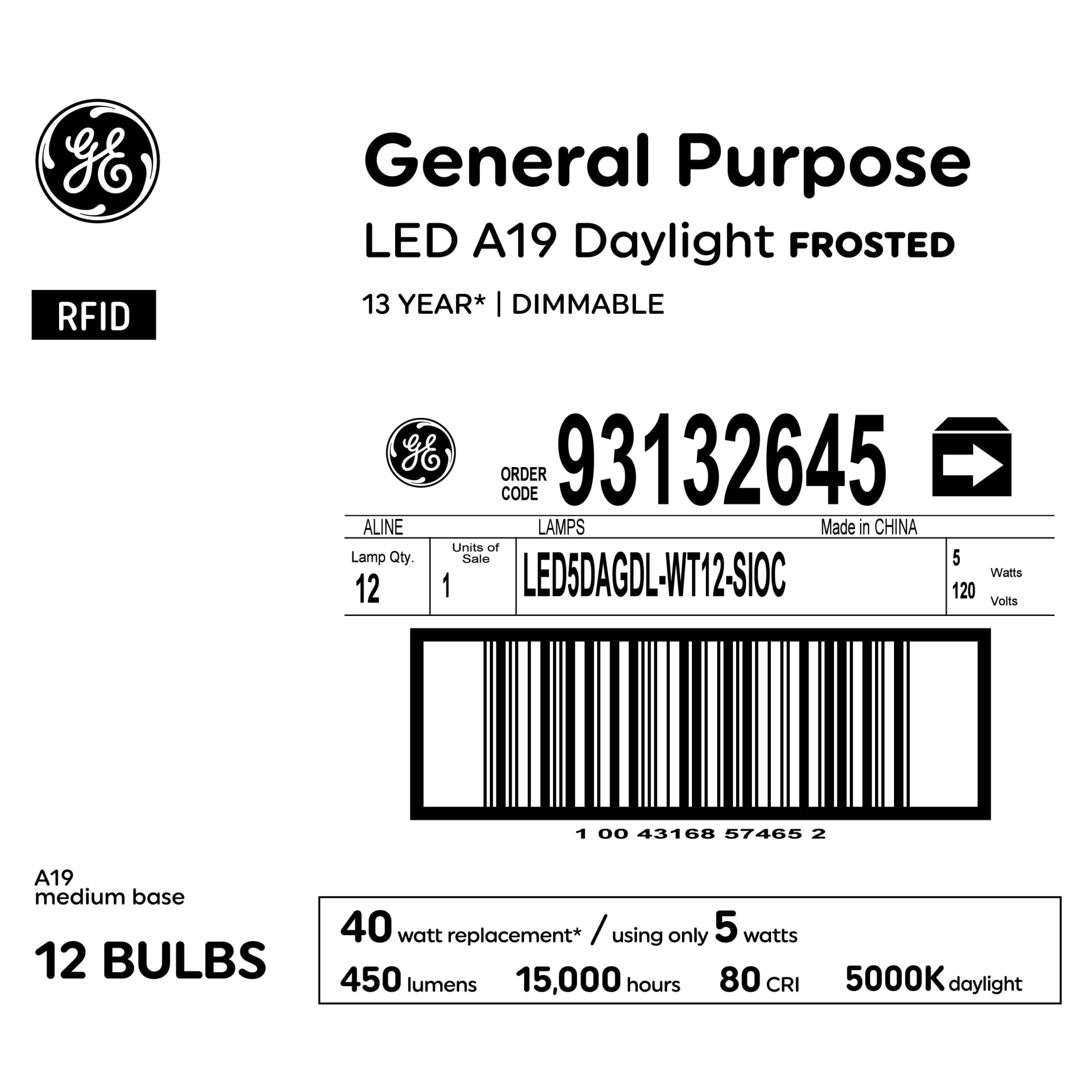 GE General Purpose Bulbs A19 LED Light Bulbs, 40 Watt Replacement, Daylight (12 Pack)