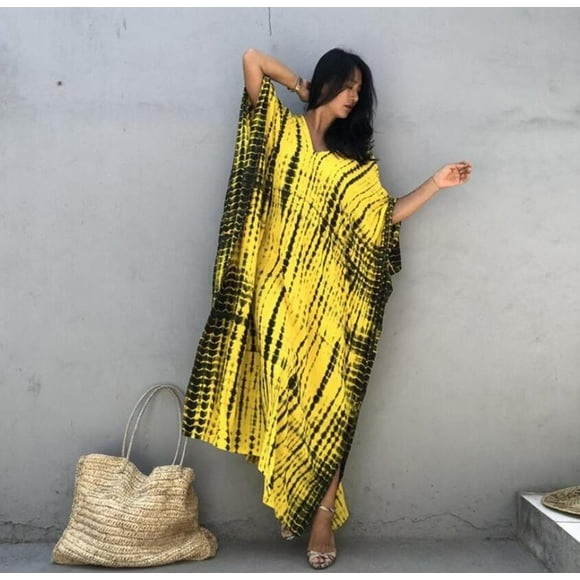 goowrom Robe de Plage Décontractée pour Femmes, Robe une Pièce à Manches Longues et Col en V pour l'Été et l'Automne