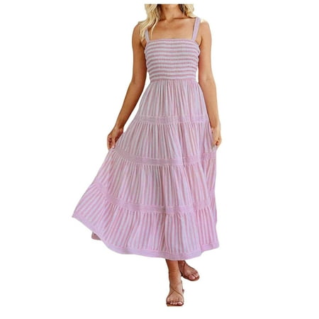OJSFQUFP Dress for Women Pink Women Summer Stamp Seal Flower Hanging Clothes Hanging Waist Waves Boho Maxi Dress Square Neck Casual Dress XL