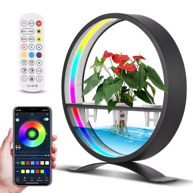 Graflsoa RGB LED Indoor Water Feature with Plant Growth Light, USB-Powered Decorative Fountain, 3H/9H/12H Timer, Full Spectrum Lighting, Hydroponic Planting Baskets, Remote Control, Black