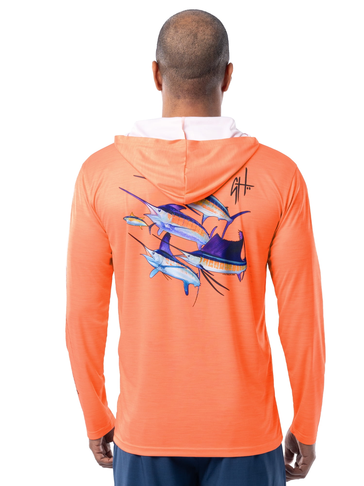 GH BY GUY HARVEY Men's Long Sleeve Performance Fishing Graphic Hoodie, Papaya Punch, 2XL