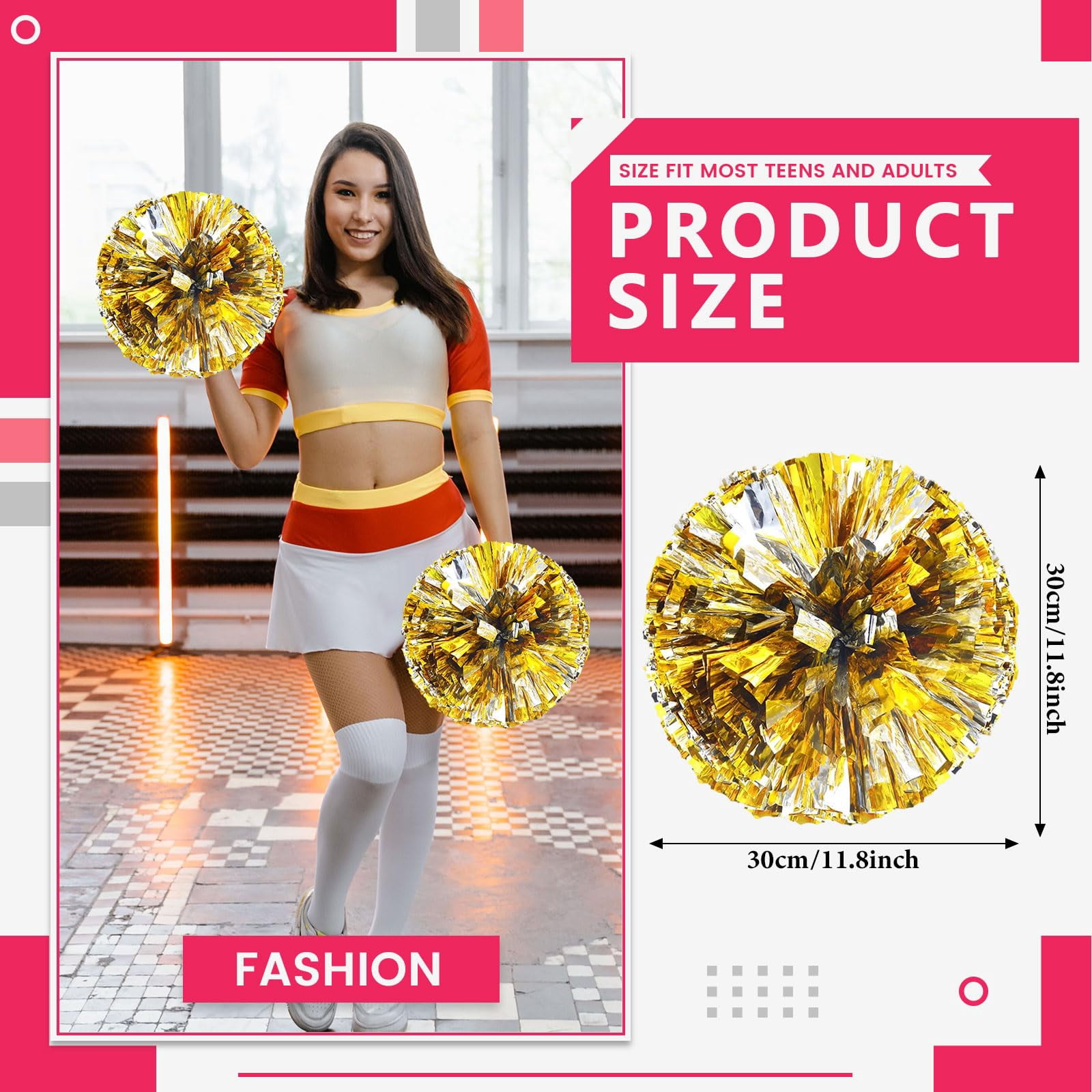 Cheerleading Pom Poms 22 Pcs with Straight Handle, Handheld Squad Pompoms for Sports Team Cheer Spirit Games, Dance Party Adults