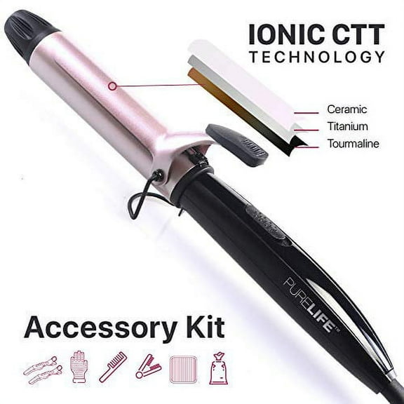 PureLife Curling Iron | 1.3 Inch Professional Tourmaline Ceramic & Titanium Wand | 8 Pc Set: Hair Brush Heat Resistant Glove Silicone Mat 2 Hair Clips Tail Salon Comb & Travel Pouch