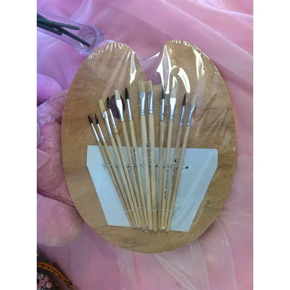WOOD PALETTE   12 PAINT BRUSHES BEGINNER SET ARTIST BRUSH ART SUPPLIES