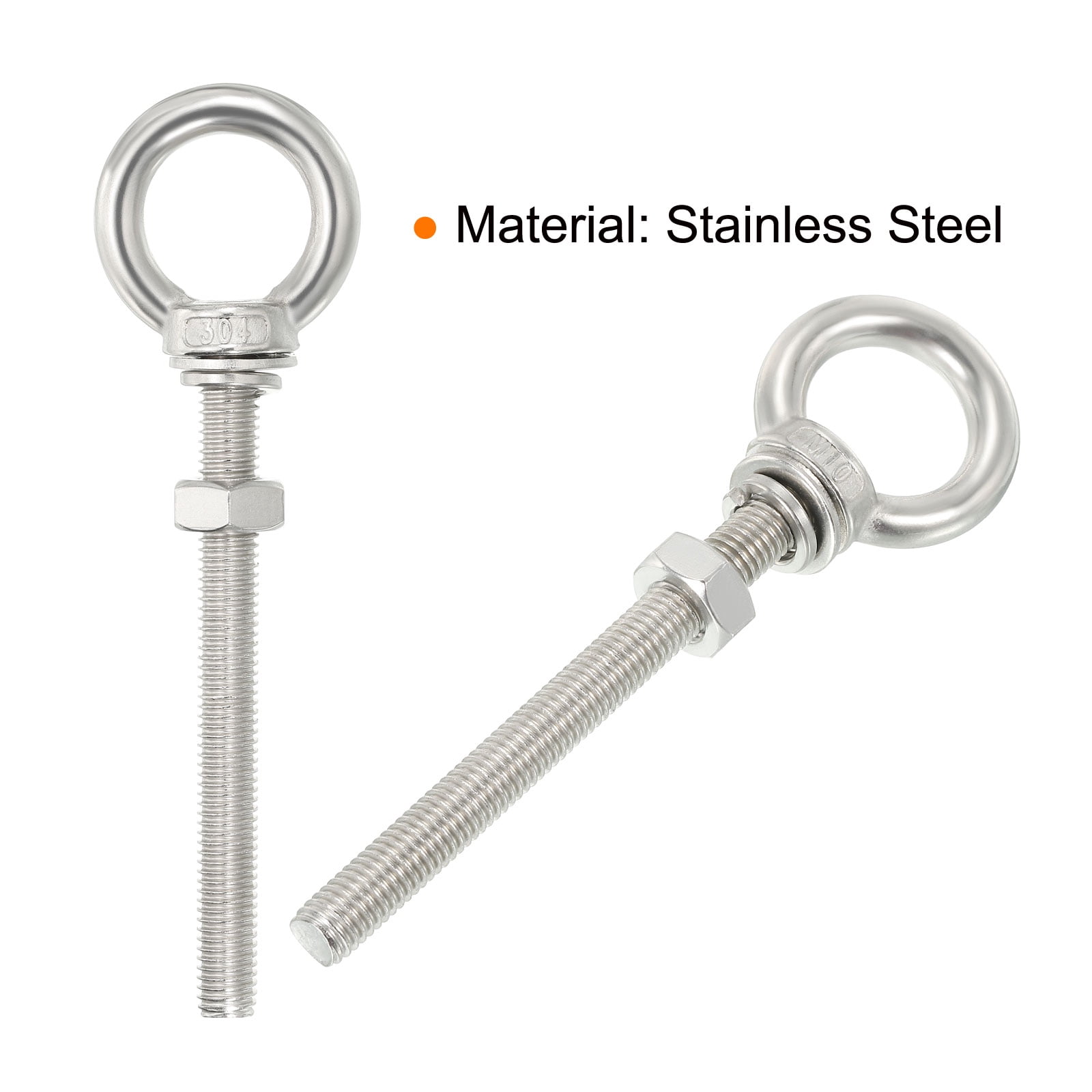 M10x60 3/8"x4.72" Stainless Steel Eye Bolts Threaded Screw Eyebolt Shoulder Ring with Nuts Washers 2 Set
