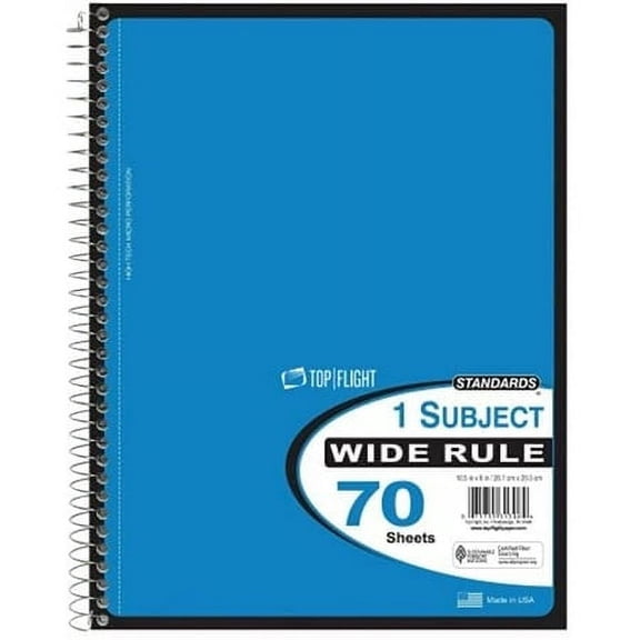 Top Flight Spiral Notebook, 1 Subject, 70 Wide Ruled Sheets, Assorted Colors (Pack of 3)