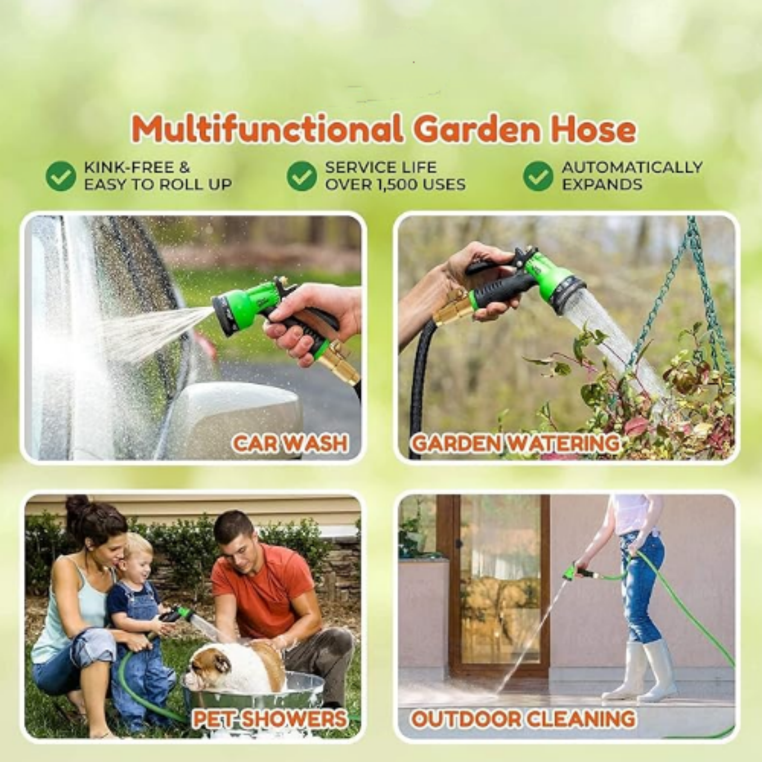 Flexi Hose with 8 Function Nozzle, 25FT - Lightweight Expandable Garden Hose, No-Kink Flexibility, 3/4 Inch Solid Brass Fittings and Double Latex Core
