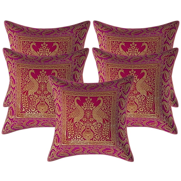 Stylo Culture Ethnic Couch Brocade Magenta And Gold Throw Pillow Covers 16x16 Jacquard Weave Banarsi Living Room Pillow Covers Peacock Floral 40x40 cm Decorative Cushion Covers (Set Of 5)