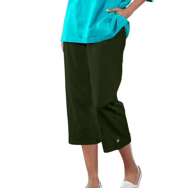 FAIWAD Linen Pants Women Summer Drawstring Workout Capris Elastic Waist Quick Dry Lightweight Cropped Trousers with Pockets