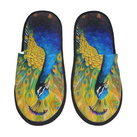 

Qekee Peacocks Print Furry Slippers for Women and Men House Slipper Funny Bedroom Slippers Indoor -Large