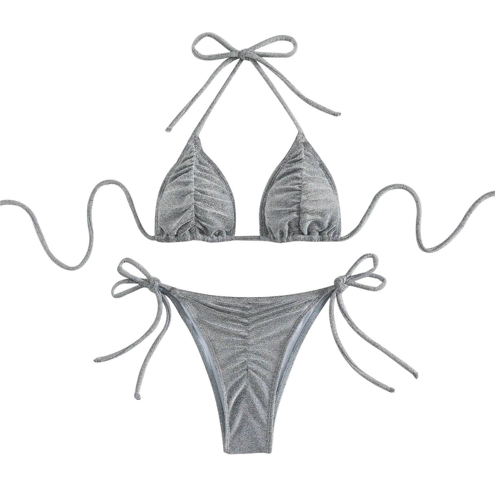 Silver Silk Fabric Triangle Split Bikini Swimsuit For Women Push Up Set