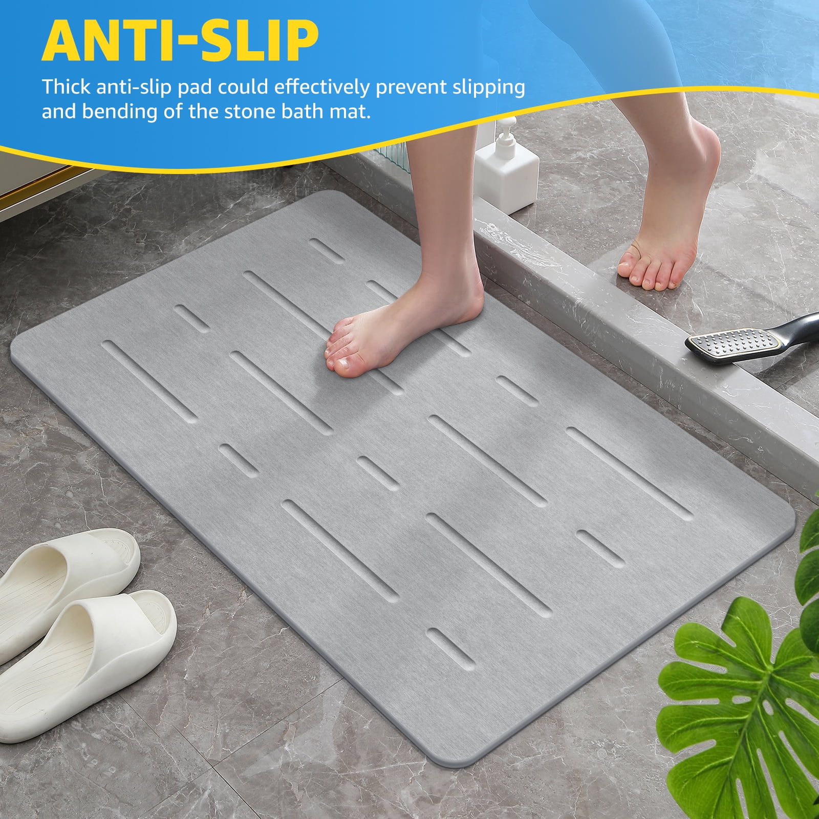OTHWAY Large Stone Bath Mat, 32"x 20" Diatomaceous Earth Bath Mat for Bathroom, Quick Drying Long Bath Mat Stone Absorbing, Non-Slip Diatomite Hard Stone Shower Mat Instant Dry(Light Grey)