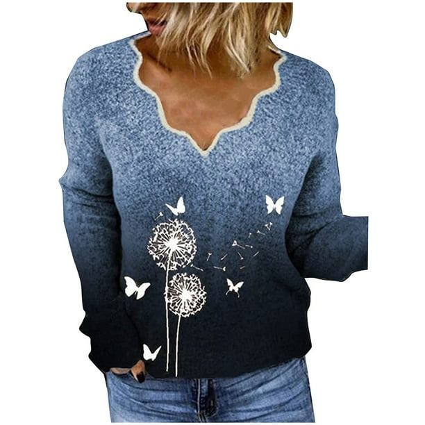 Blusa bordada de manga larga con cuello en V y estampado informal retro para mujer Pompotops gfhjh11183