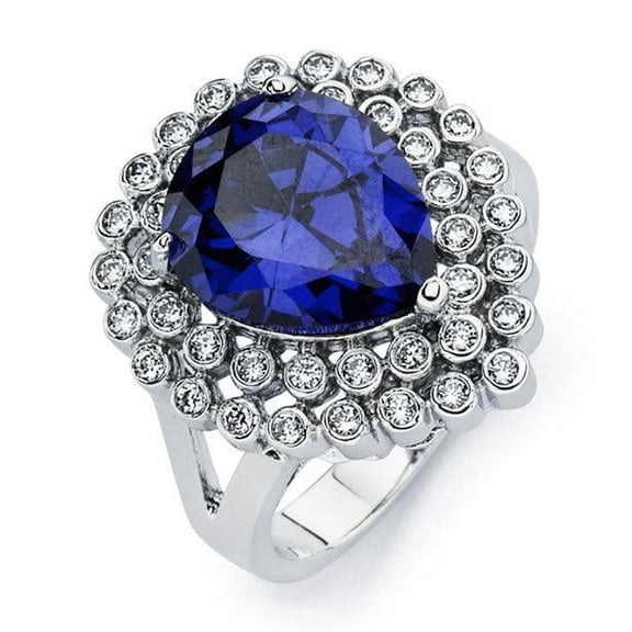 Rhodium Plated Sterling Silver 925 Blue & Clear Cluster Ring Band CZ Jewelry Female Size 9