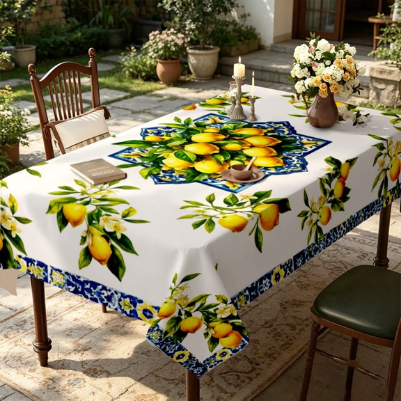 Cream Natural Style Clustered Lemon Leaf Green Vine Tablecloth,35x55/55x55/55x70/60x86/60x94/60x102 inch,Polyester,Casual Family Dining Home Decor