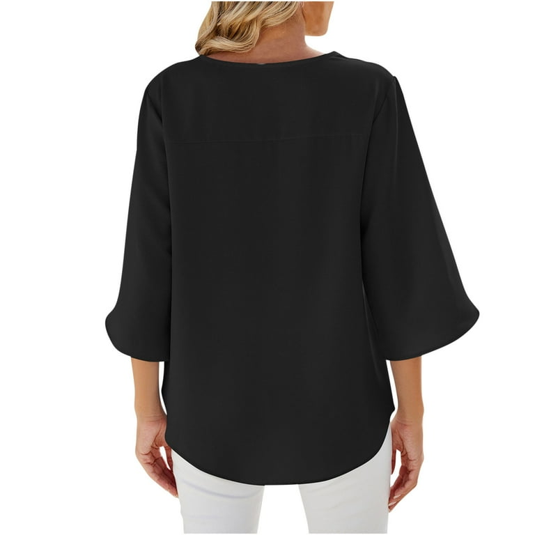 Chiffon 3/4 sleeve Bell sleeve Solid Color T-shirt Chiffon 3/4 sleeve Bell sleeve Solid Color T-shirt