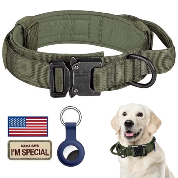 WAAYEE Collar Táctico para Perro, Collar Ajustable de Entrenamiento Militar de Nylon con Asa de Control y Hebilla de Metal Pesado para Perros Medianos y Grandes, con Parches y Estuche para Airtags (L