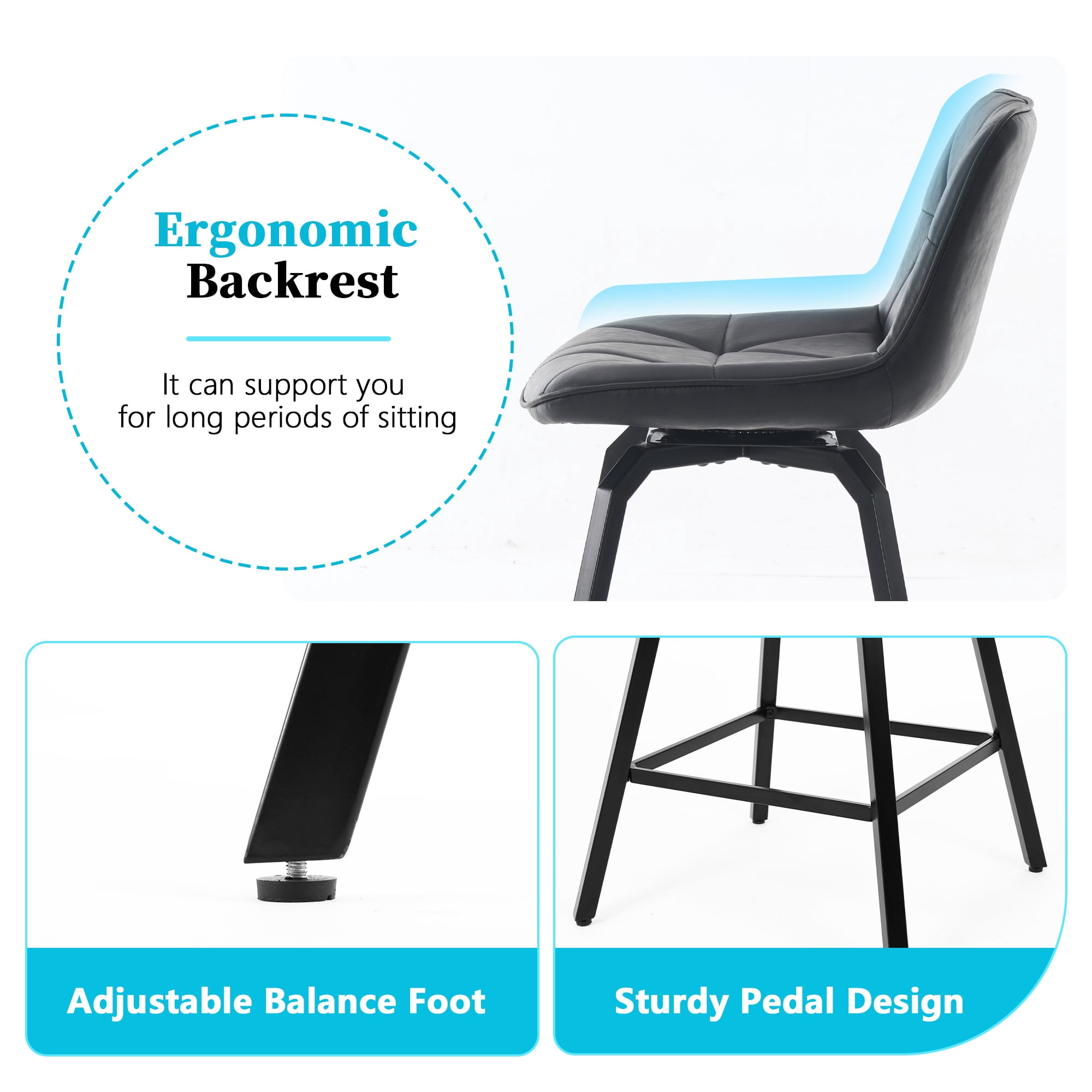 ClinQ 26 inch Swivel Counter Height Bar Stool Set of 3, Faux Leather Seat with Metal Legs and Back, Black