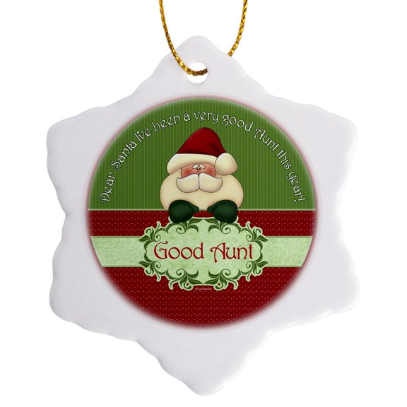 3drose, Santa I Have Been a Very Good Aunt This Year in Red and Green, 3 inch Snowflake Porcelain Ornament