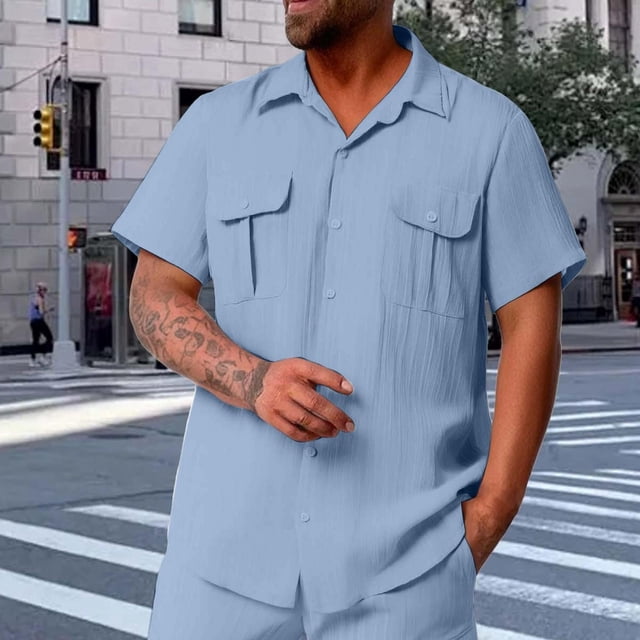 Playera Elvqul Caballero Manga Corta Casual Botones Solapa Deportivas Azul Celeste sin Estampado