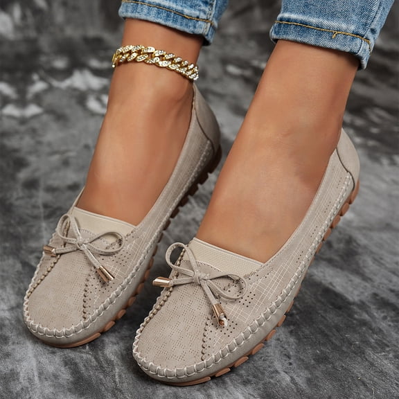 Womens Orthopedic Shoes, Orthopedic Shoes for Women Wide Width, Walking Shoes Women, Women Loafers Shoes, Lightweight Anti-Slip Breathable for Women, Dressy Slip-On Bow-Knot Flats Loafers, Beige 5.5