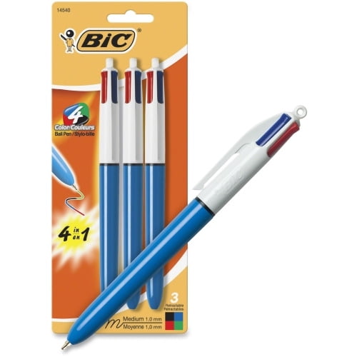 BIC 4-Color Retractable Ball Pen Medium Pen Point - 1 mm Pen Point Size - Conical Pen Point Style - Refillable - Retractable - Black, Blue, Green, Red - Opaque Blue Barrel - 3 / Pack