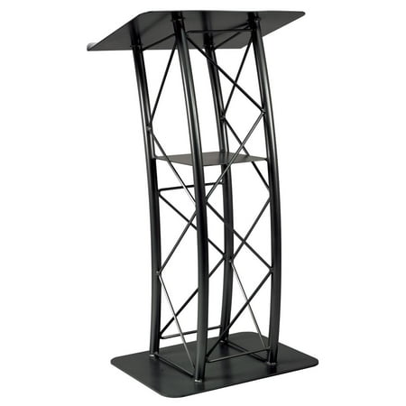 Aluminum Brushed Shelf - Displays2go Aluminum and Steel Truss Lectern with Curved Design and Built-In Shelf, 47-Inch Tall, Textured Finish