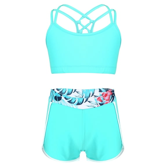 TiaoBug Flower Girls Swimsuit Solid Color Cami Crop Top with Shorts Kids 3Pcs Swimsuit Rash Guard Set Water Park Sports Swimwear Lake Green 8