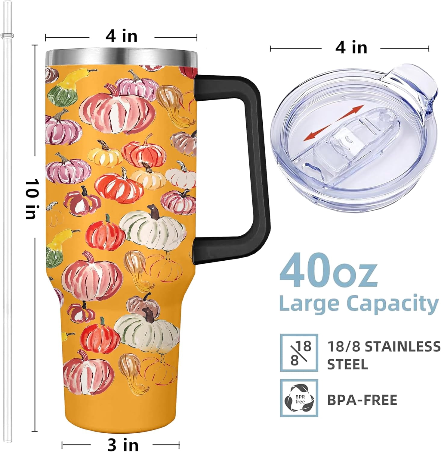 40 Oz Fall Tumbler with Handle and Straw Lid, Fall Cup Stainless Steel Fall Coffee Mug Keeps Drinks Cold & Hot, Autumn Mugs Fall Themed Thanksgiving Gifts For Women
