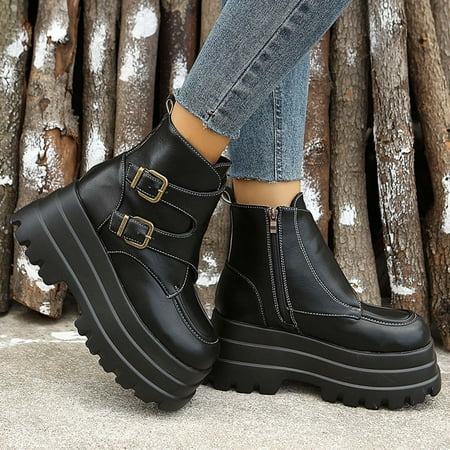 

Zedker Women s Knee-High Boots Platform Boots Women Women s Winter Round-Toe Boots Metal Buckle Side Zip Thick Bottom High-Heels Short Boots