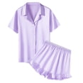 thumbnail image 6 of Wovilon Girls' Satin Matching Set Ruffled Hem Short Sleeve Button Down Top and Shorts 2 Piece Silky Soft Comfortable Kids Casual Home Outfit Style, 6 of 6