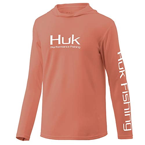 HUK Kids' Little Icon X Hoodie Long-Sleeve Shirt with Sun Protection,  Fusion Coral, Large 