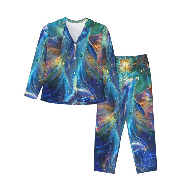 Fotbe Colorful Winged Dolphin Conjunto de Pijama de Manga Larga para Mujer con Estampado, Ropa de Dormir de 2 Piezas, Conjunto de Casa Suave y Cómodo con Bolsillos-Small