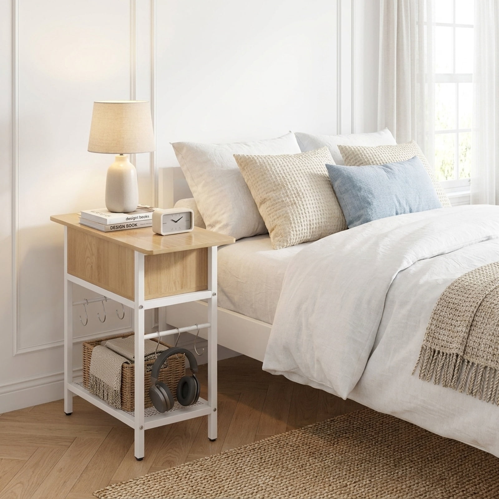 Furnibear End Table with Charging Station USB Ports Outlets and Flip Top Hidden Compartment for Living Room Bedroom and Sofa Side, Natural