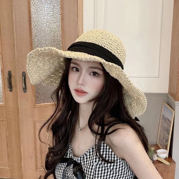 Zhengsping New Japanese Straw Hat Women's Summer Lace Up Big Brim Beach Hat Foldable Holiday Cool Hat Sun Protection And Sunshade Hat