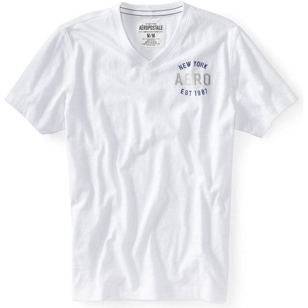 Aeropostale - Camiseta gráfica para hombre con cuello en V Est 1987, blanca, pequeña