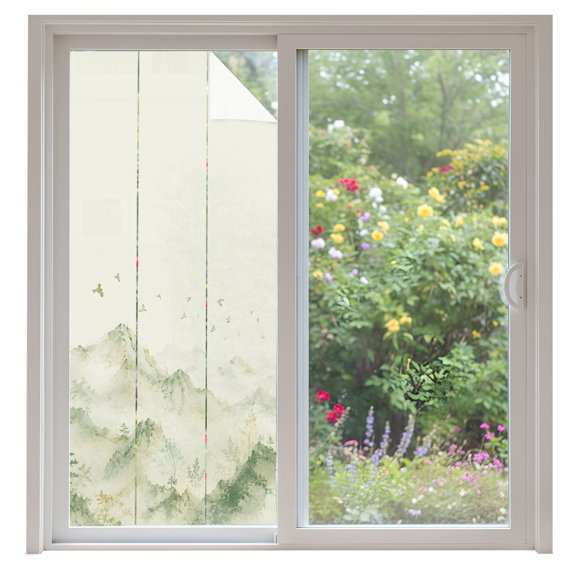 Green Misty Mountains Window Privacy Film Zen Flying Birds Peaks Trees Decorative Glass Window Film UV Blocking Static Cling Non-Adhesive Sticker Covering for Home Door 35.4x78.7 inches