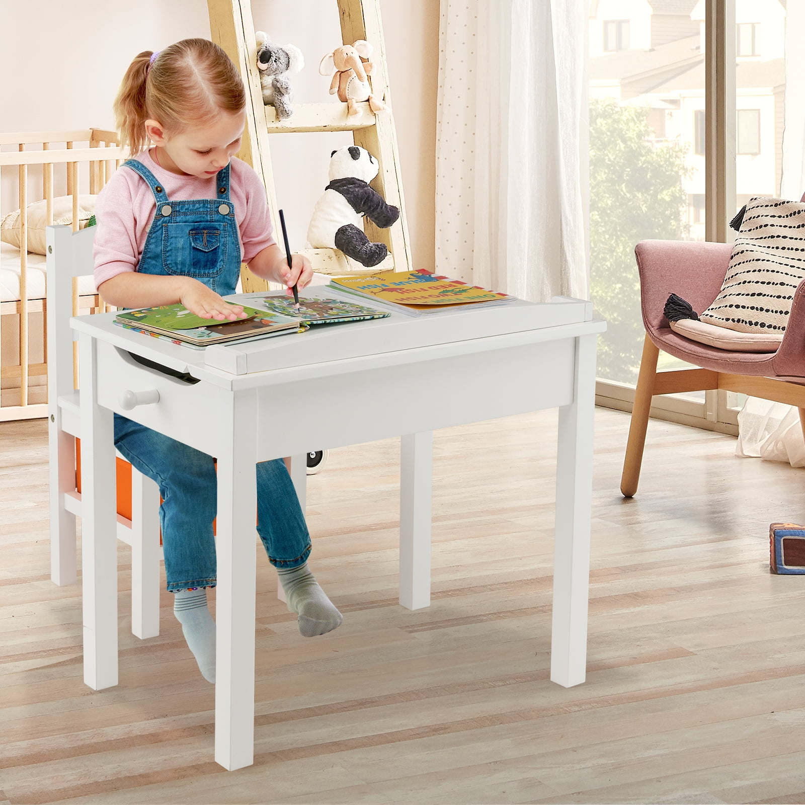Gymax Kids Table and Chair Set Wood Activity Study Desk w/ Storage Drawer Hook White