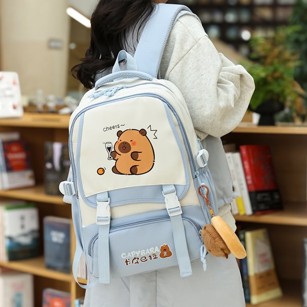 Mochila de la escuela mochila kawaii linda mochila de capybara regalo para niños azul