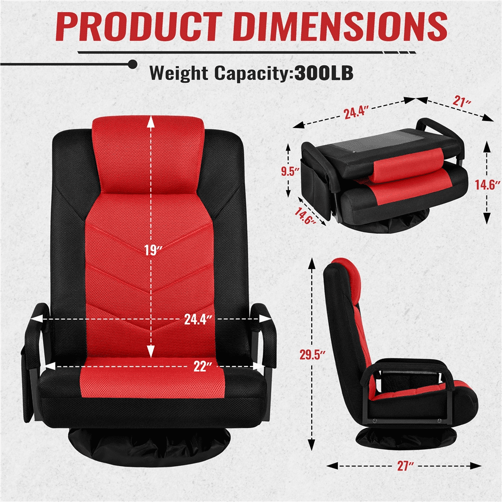 Alden Design Swivel Floor Gaming Chair with Adjustable Backrest, Black/Red
