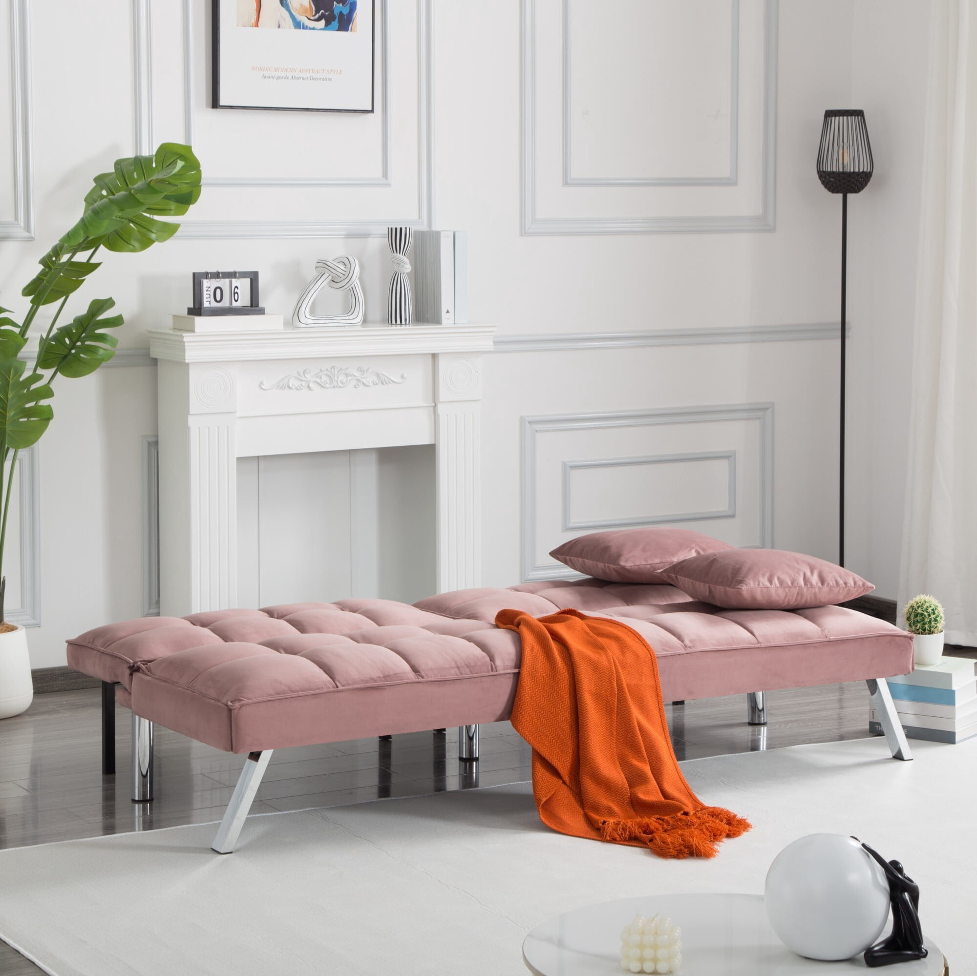 DEALTOPS 67" Convertible Futon Sofa Bed, 5-Angle Split-Back Sleeper with 2 Pillows for Small Spaces, Rose Pink