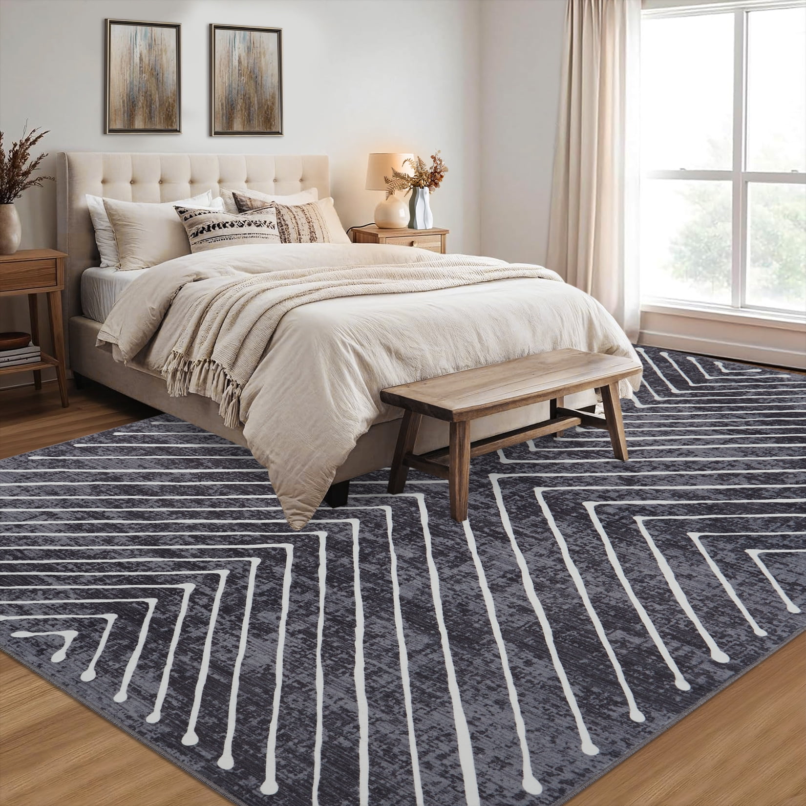 FairOnly 9'x12'Modern Area Rug with Symmetrical Fine Lines Machine Washable Low Pile Non-Slip Geometric Rugs for Living Room Bedroom，Dark Grey
