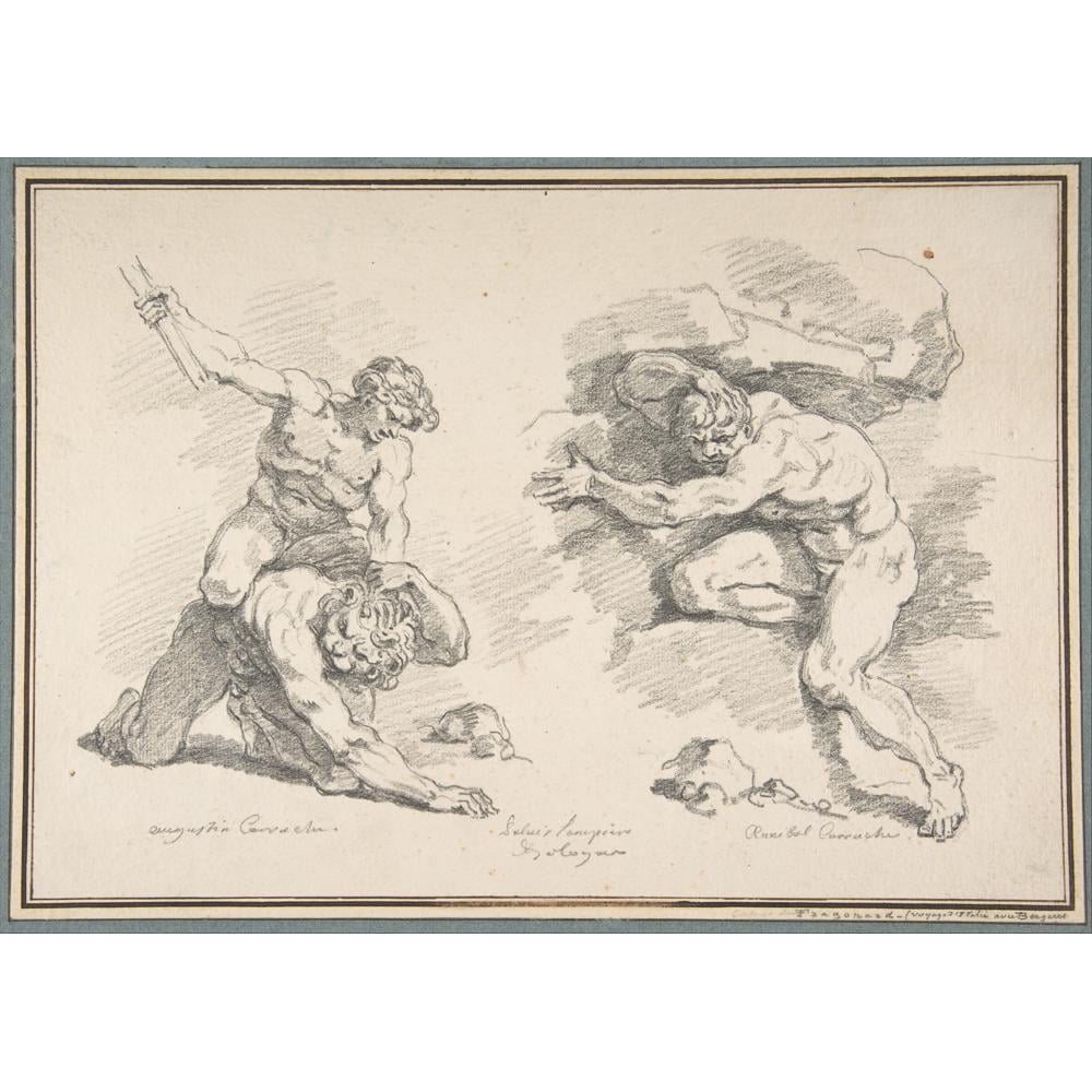 Jean-Honoré Fragonard 18x14 Black Modern Framed Museum Art Print Titled - Hercules and Cacus, After Annibale Carracci, and the Destruction of Enceladus, After Agostino Carracci (1761)