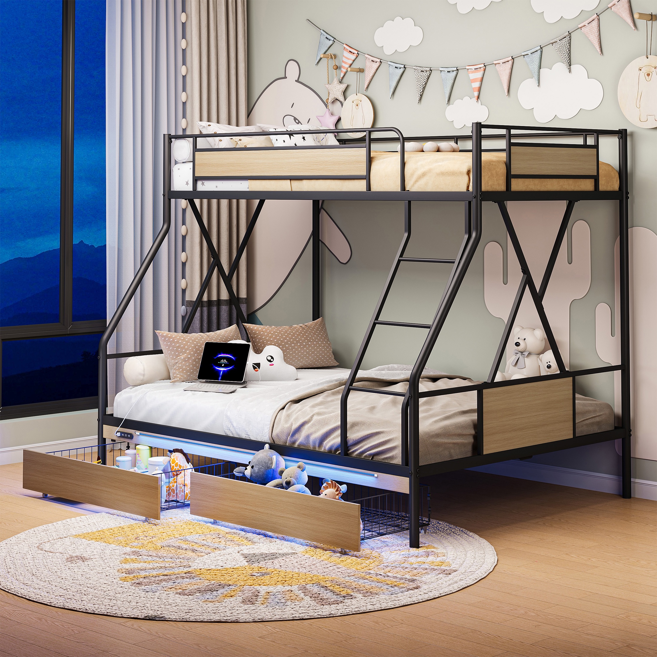 PORKISS Twin over Full Bunk Bed with Drawers for Kids Teens Bedroom, Metal Bunk Bed with USB Charging Station, LED Light, Full-Length Guardrail, Black