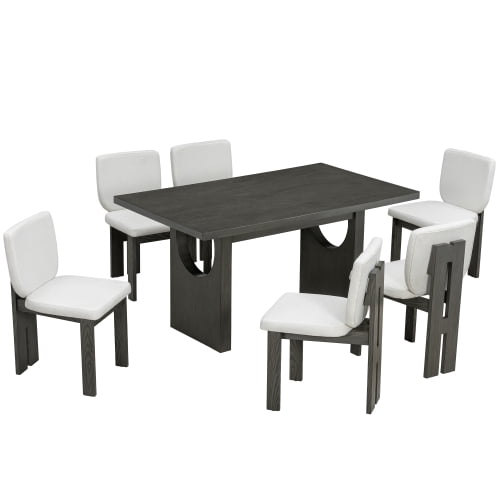 Harper & Bright Designs 7 Pieces Retro Dining Set for 6, Wood Rectangular Table with Designed Trestle Base and 6 Upholstered Chairs for Dining Room and Kitchen, Grey