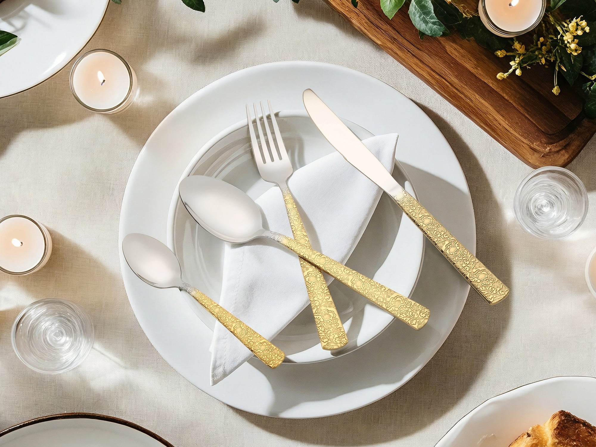 Unique Bargains Stainless Steel Floral Flatware Set for Multiple Uses Gold/Silver 4pcs