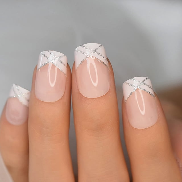 Press on Nails iBeautying White French Silver Line semitransparente