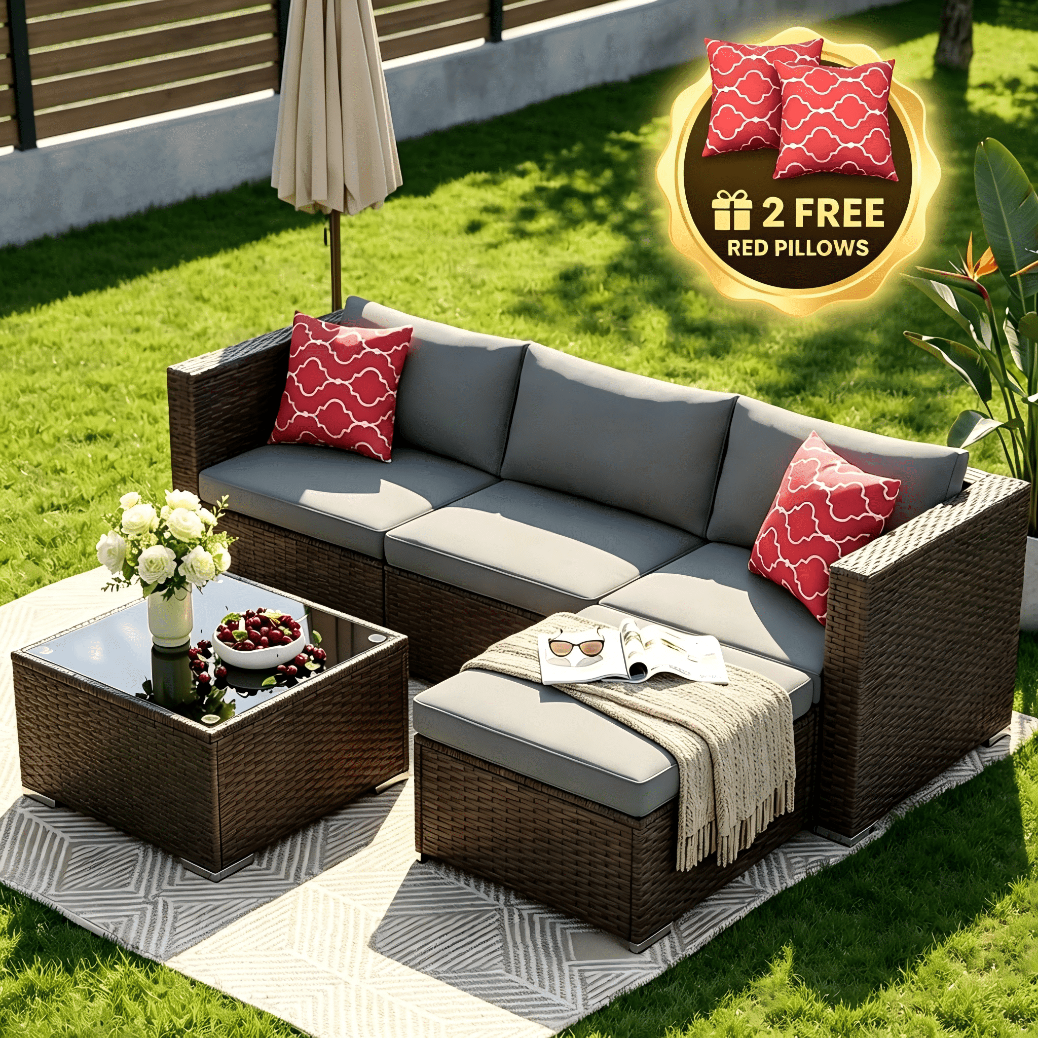 Patio Furniture Set - Lofka 5-Piece All Weather Wicker Patio Conversation Set with Removable Washable Cushions, Tempered Glass Table, 2 Pillows, Gray